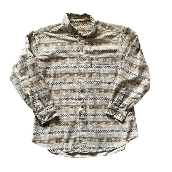 WOOLRICH Shale Aztec Stripe Button Down Shirt Tan Brown Size Large Men's - Picture 1 of 6